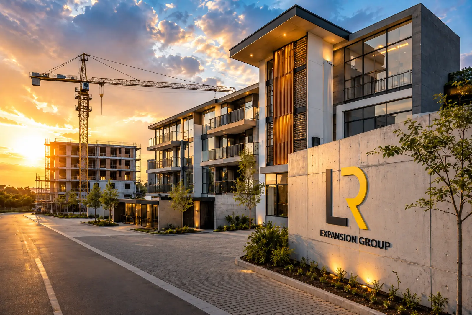 Render of a residential development at sunset with a tower crane and a concrete LR Expansion Group sign